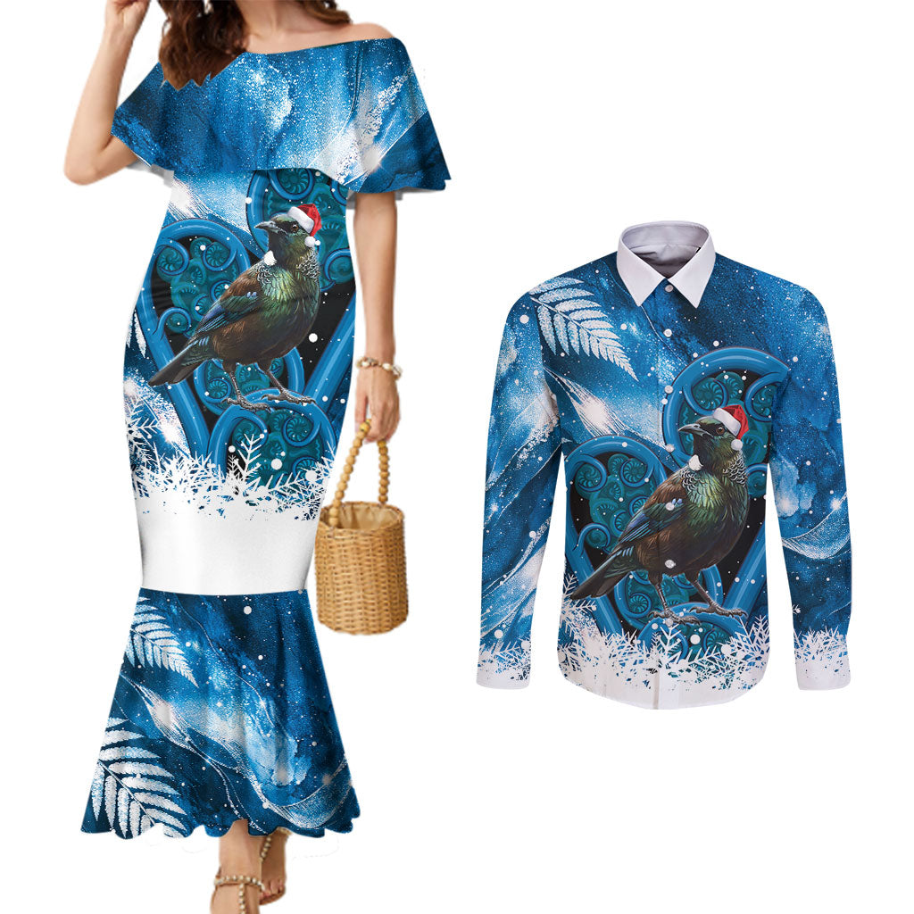 Tui Bird New Zealand Christmas In July Couples Matching Mermaid Dress and Long Sleeve Button Shirt NZ Aroha Koru Fern Marble Vibes