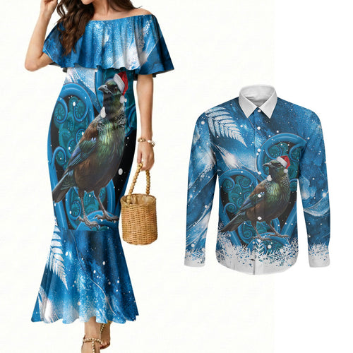 Tui Bird New Zealand Christmas In July Couples Matching Mermaid Dress and Long Sleeve Button Shirt NZ Aroha Koru Fern Marble Vibes