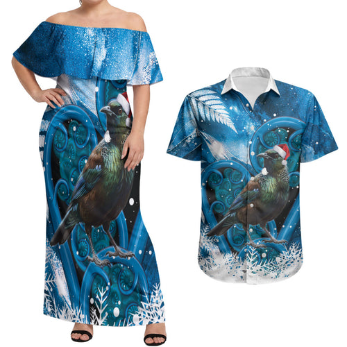 Tui Bird New Zealand Christmas In July Couples Matching Off Shoulder Maxi Dress and Hawaiian Shirt NZ Aroha Koru Fern Marble Vibes