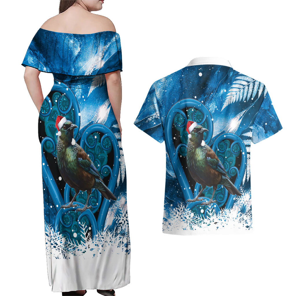 Tui Bird New Zealand Christmas In July Couples Matching Off Shoulder Maxi Dress and Hawaiian Shirt NZ Aroha Koru Fern Marble Vibes