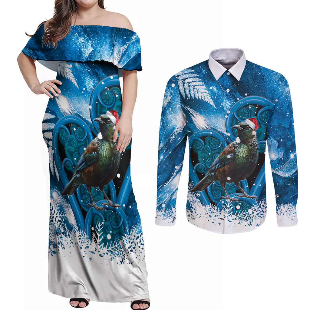 Tui Bird New Zealand Christmas In July Couples Matching Off Shoulder Maxi Dress and Long Sleeve Button Shirt NZ Aroha Koru Fern Marble Vibes