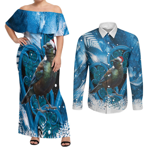 Tui Bird New Zealand Christmas In July Couples Matching Off Shoulder Maxi Dress and Long Sleeve Button Shirt NZ Aroha Koru Fern Marble Vibes