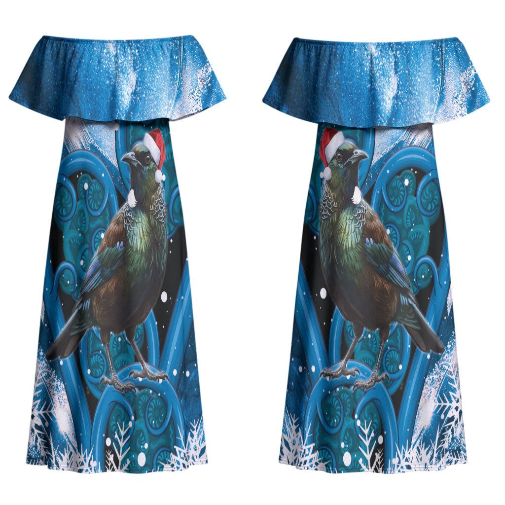 Tui Bird New Zealand Christmas In July Couples Matching Off Shoulder Maxi Dress and Long Sleeve Button Shirt NZ Aroha Koru Fern Marble Vibes LT14