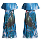 Tui Bird New Zealand Christmas In July Couples Matching Off Shoulder Maxi Dress and Long Sleeve Button Shirt NZ Aroha Koru Fern Marble Vibes LT14