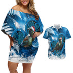 Tui Bird New Zealand Christmas In July Couples Matching Off Shoulder Short Dress and Hawaiian Shirt NZ Aroha Koru Fern Marble Vibes