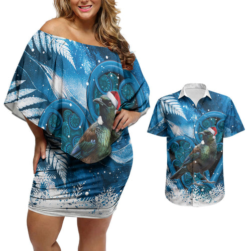 Tui Bird New Zealand Christmas In July Couples Matching Off Shoulder Short Dress and Hawaiian Shirt NZ Aroha Koru Fern Marble Vibes