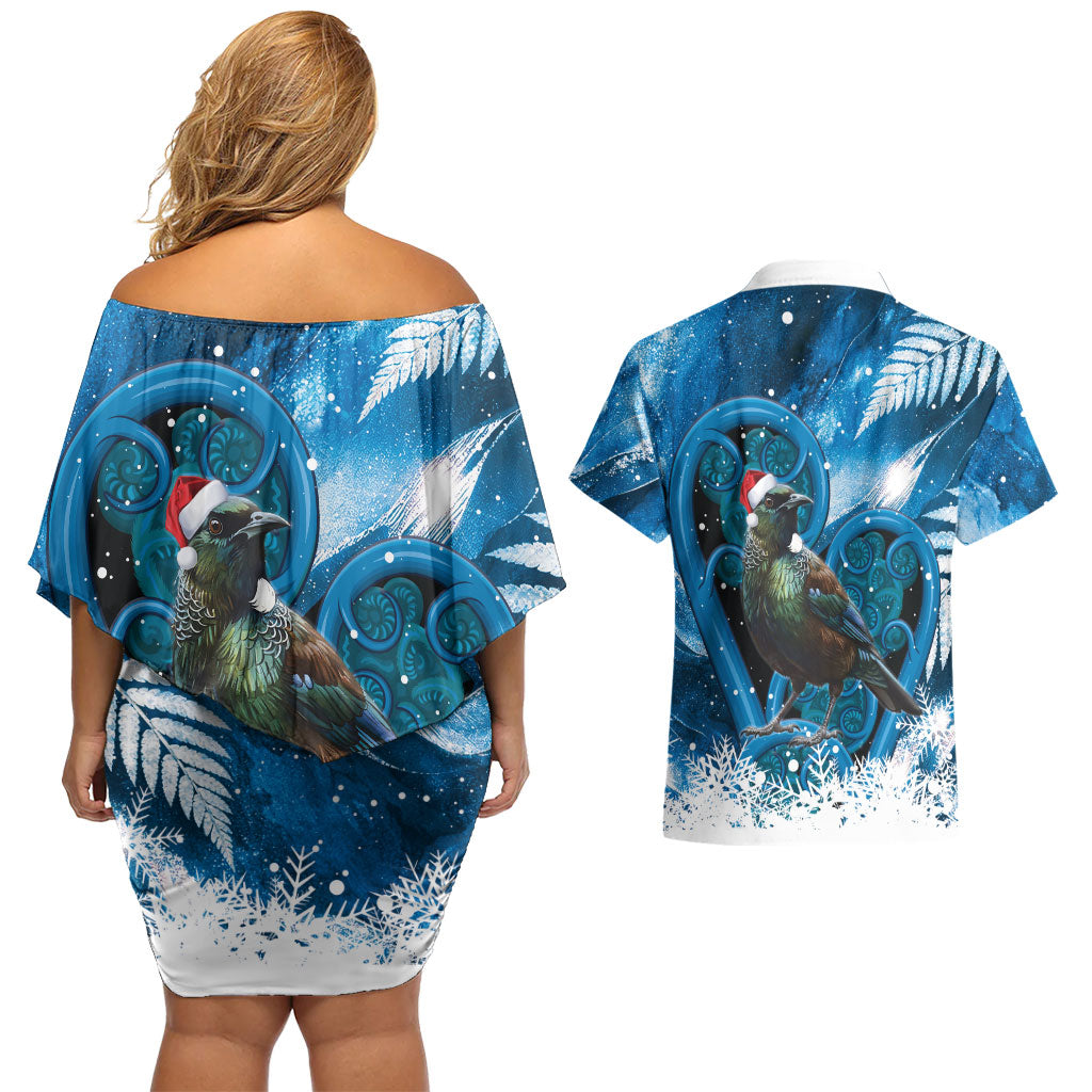 Tui Bird New Zealand Christmas In July Couples Matching Off Shoulder Short Dress and Hawaiian Shirt NZ Aroha Koru Fern Marble Vibes