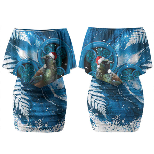 Tui Bird New Zealand Christmas In July Couples Matching Off Shoulder Short Dress and Hawaiian Shirt NZ Aroha Koru Fern Marble Vibes