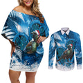 Tui Bird New Zealand Christmas In July Couples Matching Off Shoulder Short Dress and Long Sleeve Button Shirt NZ Aroha Koru Fern Marble Vibes