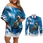 Tui Bird New Zealand Christmas In July Couples Matching Off Shoulder Short Dress and Long Sleeve Button Shirt NZ Aroha Koru Fern Marble Vibes