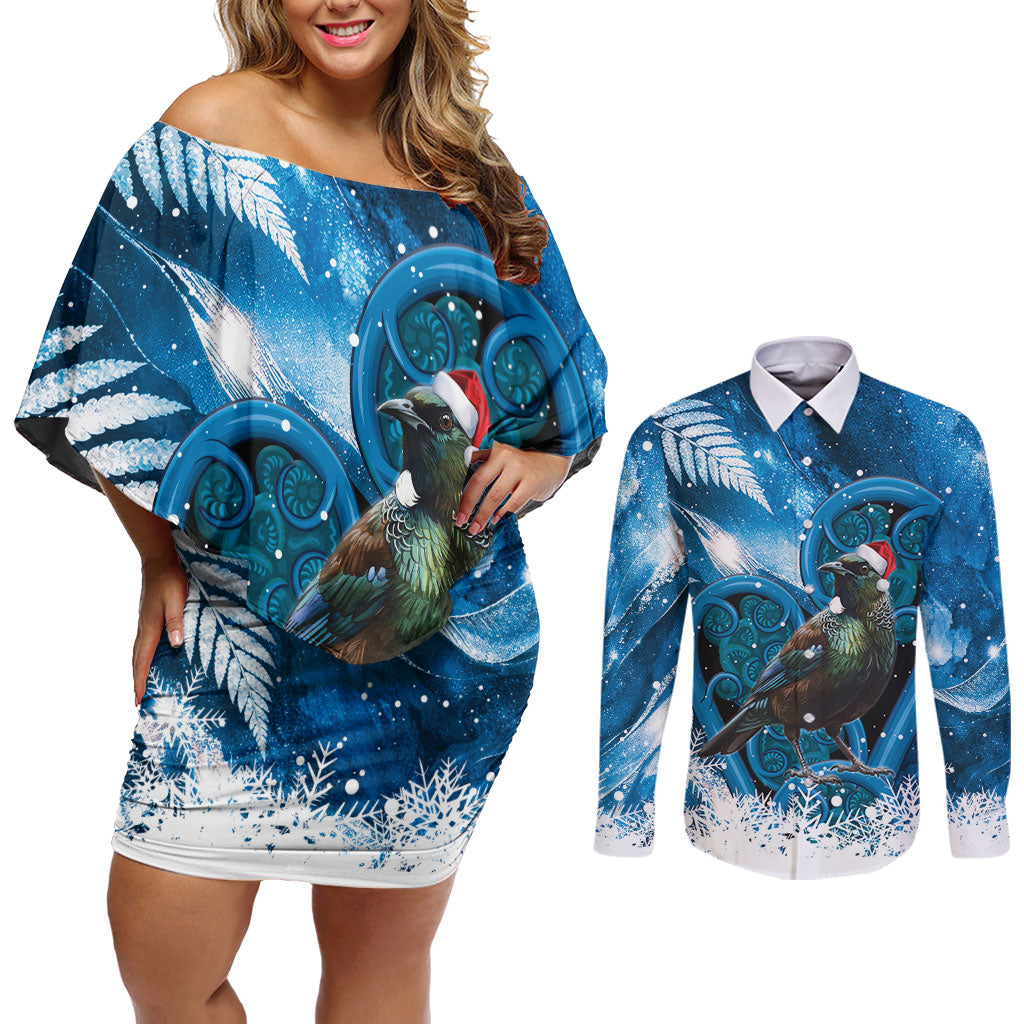 Tui Bird New Zealand Christmas In July Couples Matching Off Shoulder Short Dress and Long Sleeve Button Shirt NZ Aroha Koru Fern Marble Vibes