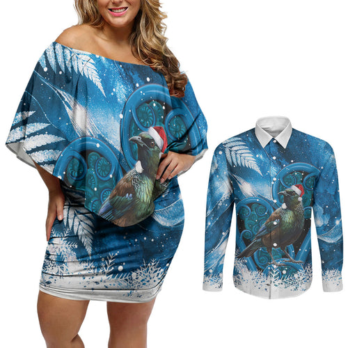Tui Bird New Zealand Christmas In July Couples Matching Off Shoulder Short Dress and Long Sleeve Button Shirt NZ Aroha Koru Fern Marble Vibes