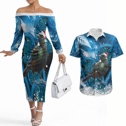 Tui Bird New Zealand Christmas In July Couples Matching Off The Shoulder Long Sleeve Dress and Hawaiian Shirt NZ Aroha Koru Fern Marble Vibes