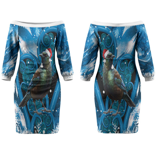 Tui Bird New Zealand Christmas In July Couples Matching Off The Shoulder Long Sleeve Dress and Hawaiian Shirt NZ Aroha Koru Fern Marble Vibes LT14
