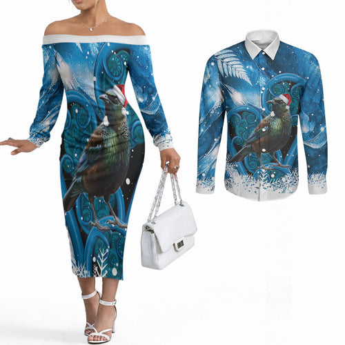 Tui Bird New Zealand Christmas In July Couples Matching Off The Shoulder Long Sleeve Dress and Long Sleeve Button Shirt NZ Aroha Koru Fern Marble Vibes
