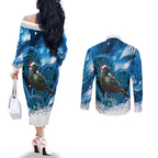 Tui Bird New Zealand Christmas In July Couples Matching Off The Shoulder Long Sleeve Dress and Long Sleeve Button Shirt NZ Aroha Koru Fern Marble Vibes
