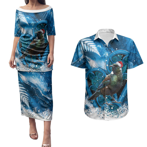 Tui Bird New Zealand Christmas In July Couples Matching Puletasi and Hawaiian Shirt NZ Aroha Koru Fern Marble Vibes