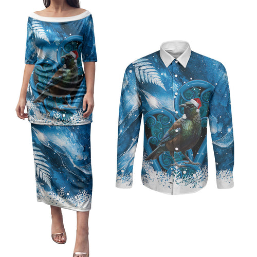 Tui Bird New Zealand Christmas In July Couples Matching Puletasi and Long Sleeve Button Shirt NZ Aroha Koru Fern Marble Vibes