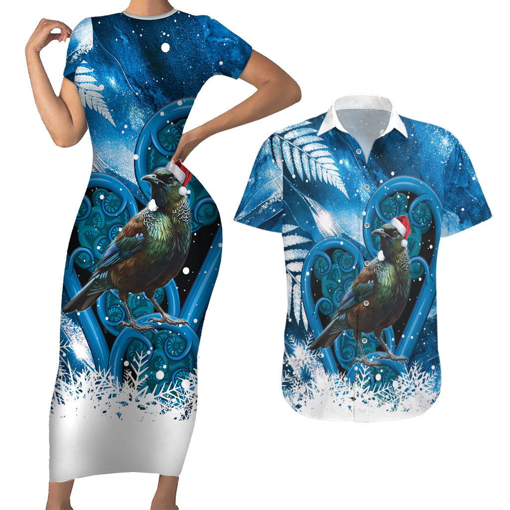 Tui Bird New Zealand Christmas In July Couples Matching Short Sleeve Bodycon Dress and Hawaiian Shirt NZ Aroha Koru Fern Marble Vibes
