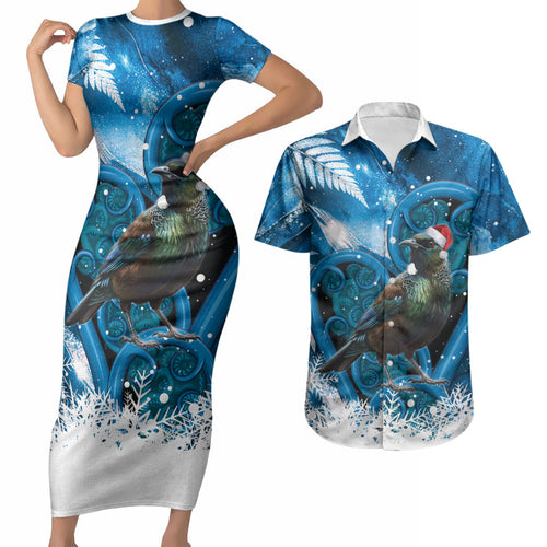Tui Bird New Zealand Christmas In July Couples Matching Short Sleeve Bodycon Dress and Hawaiian Shirt NZ Aroha Koru Fern Marble Vibes