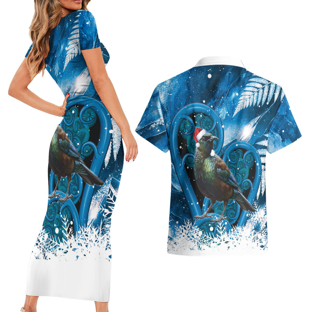 Tui Bird New Zealand Christmas In July Couples Matching Short Sleeve Bodycon Dress and Hawaiian Shirt NZ Aroha Koru Fern Marble Vibes