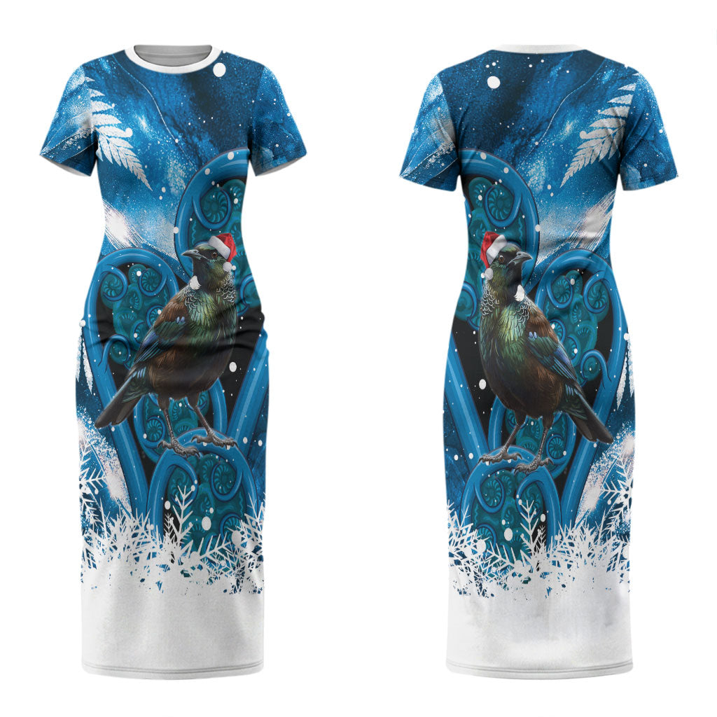 Tui Bird New Zealand Christmas In July Couples Matching Short Sleeve Bodycon Dress and Hawaiian Shirt NZ Aroha Koru Fern Marble Vibes LT14