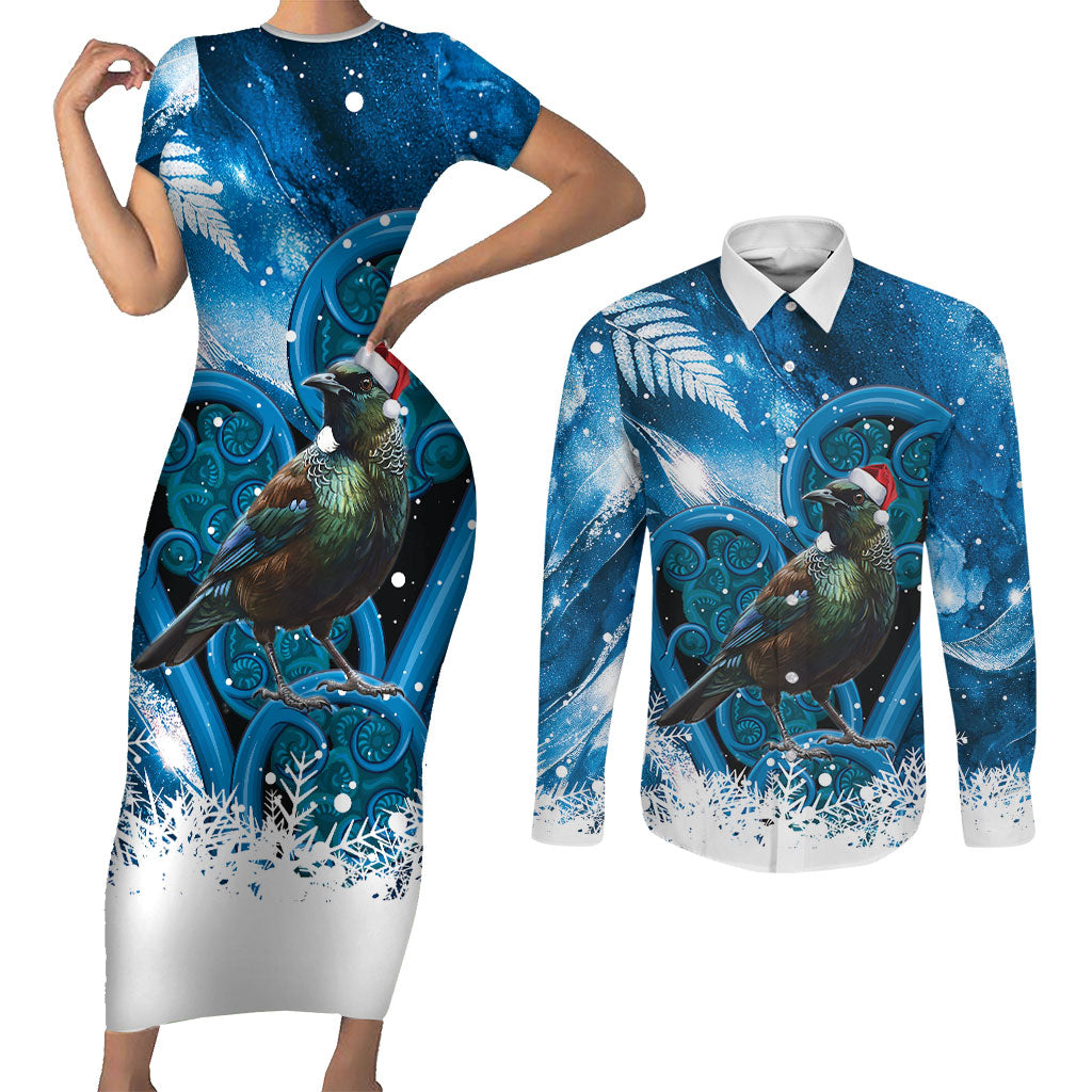 Tui Bird New Zealand Christmas In July Couples Matching Short Sleeve Bodycon Dress and Long Sleeve Button Shirt NZ Aroha Koru Fern Marble Vibes