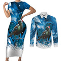 Tui Bird New Zealand Christmas In July Couples Matching Short Sleeve Bodycon Dress and Long Sleeve Button Shirt NZ Aroha Koru Fern Marble Vibes