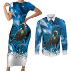 Tui Bird New Zealand Christmas In July Couples Matching Short Sleeve Bodycon Dress and Long Sleeve Button Shirt NZ Aroha Koru Fern Marble Vibes