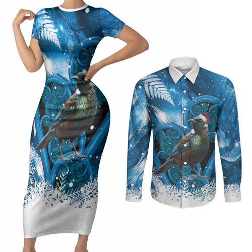 Tui Bird New Zealand Christmas In July Couples Matching Short Sleeve Bodycon Dress and Long Sleeve Button Shirt NZ Aroha Koru Fern Marble Vibes