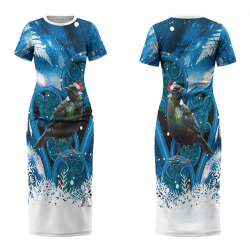 Tui Bird New Zealand Christmas In July Couples Matching Short Sleeve Bodycon Dress and Long Sleeve Button Shirt NZ Aroha Koru Fern Marble Vibes LT14
