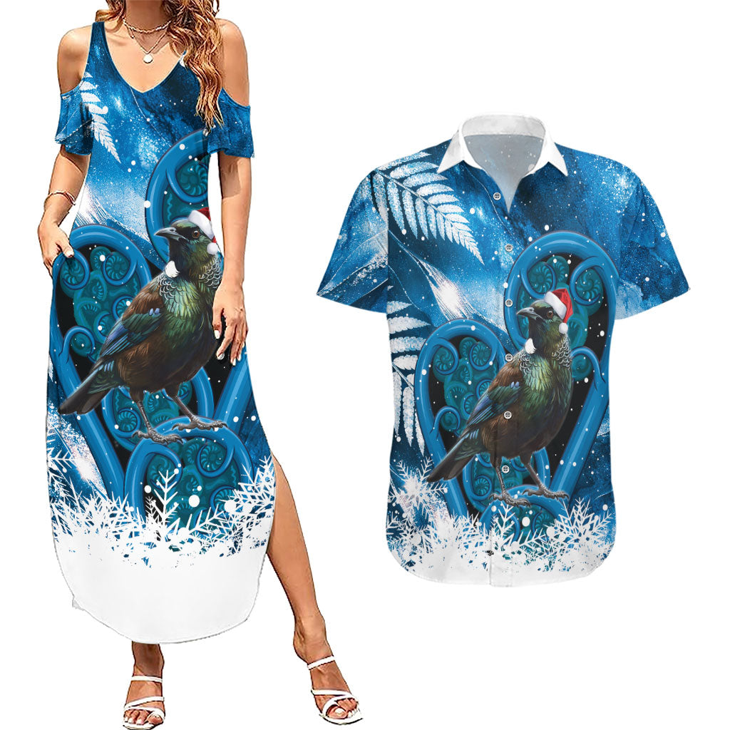 Tui Bird New Zealand Christmas In July Couples Matching Summer Maxi Dress and Hawaiian Shirt NZ Aroha Koru Fern Marble Vibes
