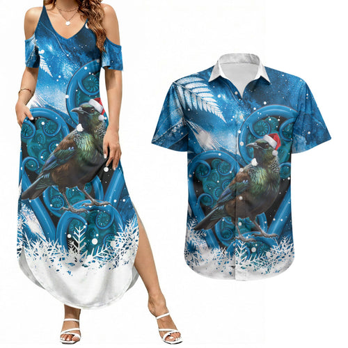 Tui Bird New Zealand Christmas In July Couples Matching Summer Maxi Dress and Hawaiian Shirt NZ Aroha Koru Fern Marble Vibes