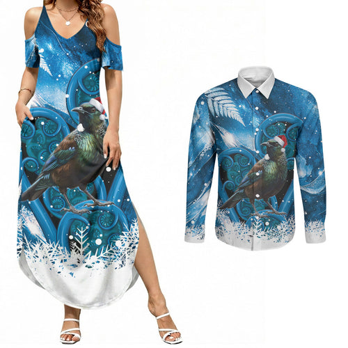 Tui Bird New Zealand Christmas In July Couples Matching Summer Maxi Dress and Long Sleeve Button Shirt NZ Aroha Koru Fern Marble Vibes