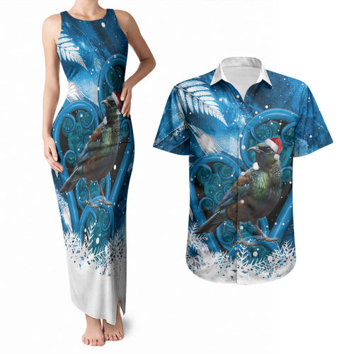 Tui Bird New Zealand Christmas In July Couples Matching Tank Maxi Dress and Hawaiian Shirt NZ Aroha Koru Fern Marble Vibes