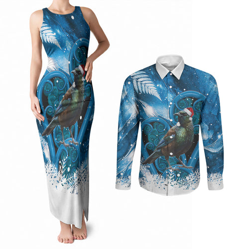Tui Bird New Zealand Christmas In July Couples Matching Tank Maxi Dress and Long Sleeve Button Shirt NZ Aroha Koru Fern Marble Vibes