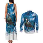 Tui Bird New Zealand Christmas In July Couples Matching Tank Maxi Dress and Long Sleeve Button Shirt NZ Aroha Koru Fern Marble Vibes