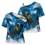 Tui Bird New Zealand Christmas In July Cross Shoulder Shirt NZ Aroha Koru Fern Marble Vibes