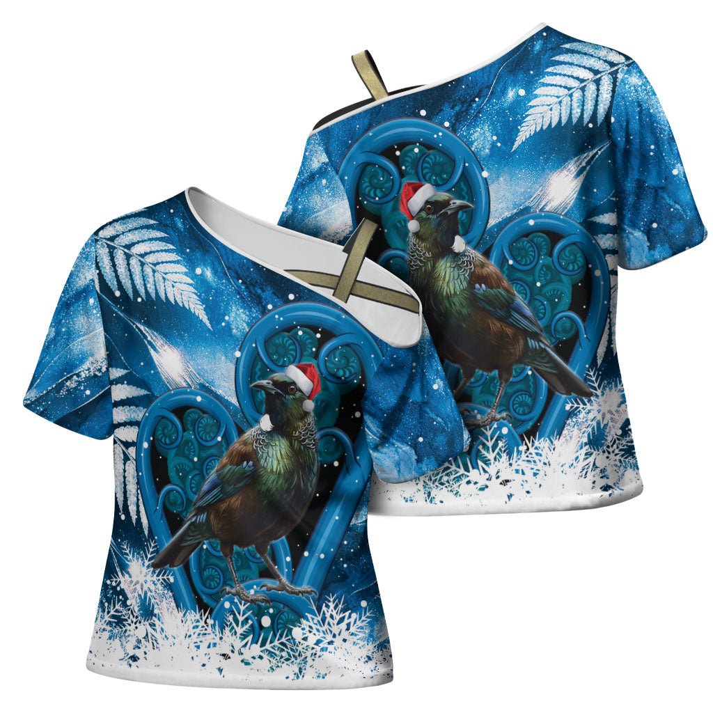 Tui Bird New Zealand Christmas In July Cross Shoulder Shirt NZ Aroha Koru Fern Marble Vibes