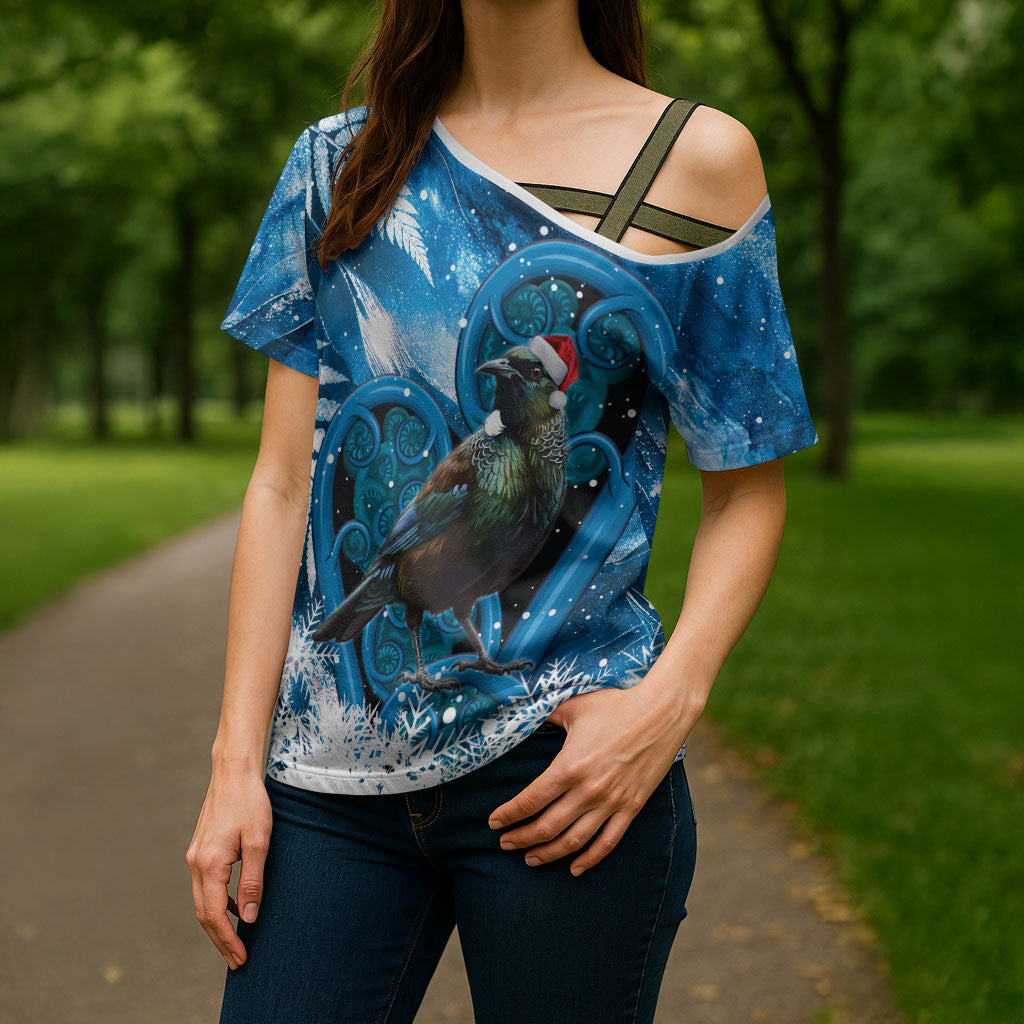 Tui Bird New Zealand Christmas In July Cross Shoulder Shirt NZ Aroha Koru Fern Marble Vibes