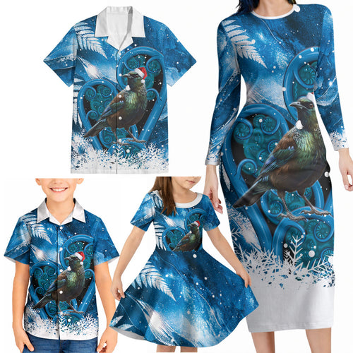 Tui Bird New Zealand Christmas In July Family Matching Long Sleeve Bodycon Dress and Hawaiian Shirt NZ Aroha Koru Fern Marble Vibes