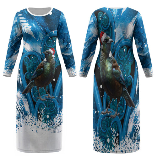 Tui Bird New Zealand Christmas In July Family Matching Long Sleeve Bodycon Dress and Hawaiian Shirt NZ Aroha Koru Fern Marble Vibes