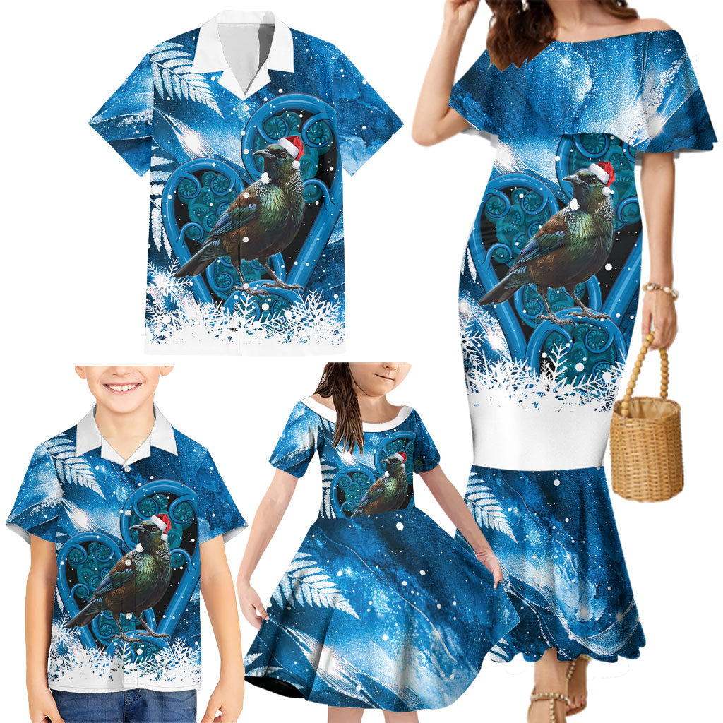 Tui Bird New Zealand Christmas In July Family Matching Mermaid Dress and Hawaiian Shirt NZ Aroha Koru Fern Marble Vibes