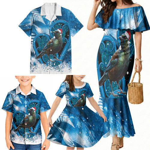 Tui Bird New Zealand Christmas In July Family Matching Mermaid Dress and Hawaiian Shirt NZ Aroha Koru Fern Marble Vibes