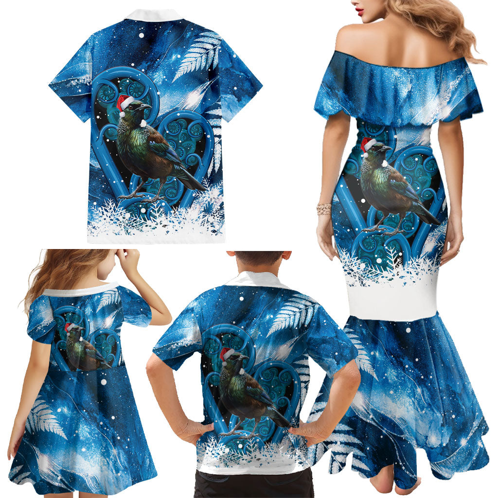Tui Bird New Zealand Christmas In July Family Matching Mermaid Dress and Hawaiian Shirt NZ Aroha Koru Fern Marble Vibes