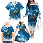 Tui Bird New Zealand Christmas In July Family Matching Off The Shoulder Long Sleeve Dress and Hawaiian Shirt NZ Aroha Koru Fern Marble Vibes