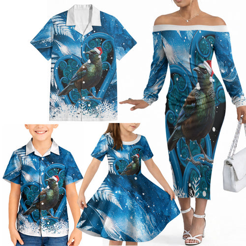 Tui Bird New Zealand Christmas In July Family Matching Off The Shoulder Long Sleeve Dress and Hawaiian Shirt NZ Aroha Koru Fern Marble Vibes