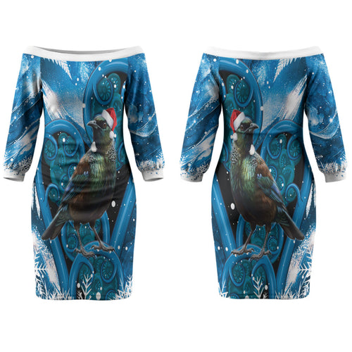 Tui Bird New Zealand Christmas In July Family Matching Off The Shoulder Long Sleeve Dress and Hawaiian Shirt NZ Aroha Koru Fern Marble Vibes
