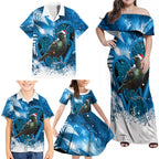 Tui Bird New Zealand Christmas In July Family Matching Off Shoulder Maxi Dress and Hawaiian Shirt NZ Aroha Koru Fern Marble Vibes