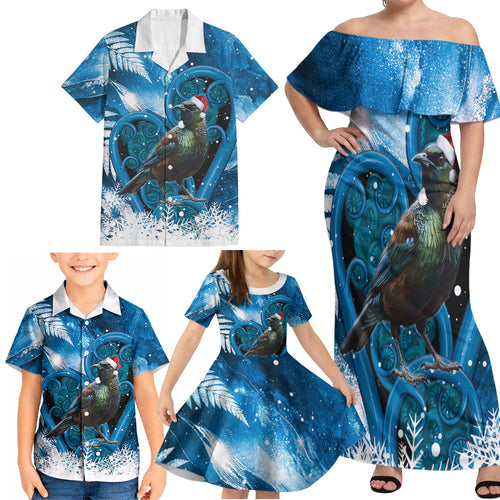 Tui Bird New Zealand Christmas In July Family Matching Off Shoulder Maxi Dress and Hawaiian Shirt NZ Aroha Koru Fern Marble Vibes